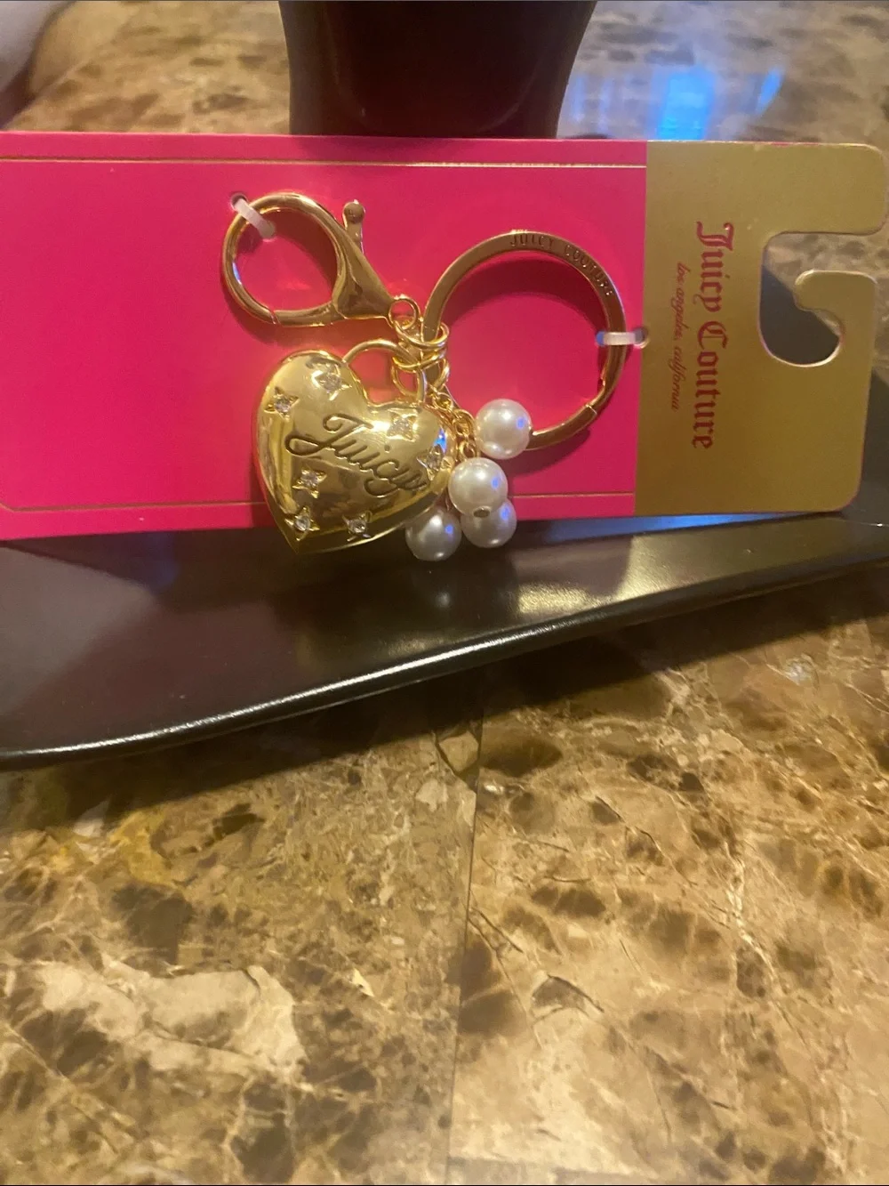 Juicy Couture Gold Heart Keyring with Pearl Charms